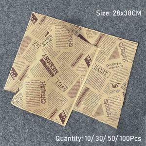 10/50/100Pcs Greaseproof Baking Paper Waterproof Sandwich Wrappers Paper 28x38cm Deli Wax Paper Sheets Newsprint Newspaper Theme Wrapping Sheets Food Basket Liners Cake Baking Wrapper for Holiday and Home Parties