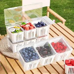 SKJK 2 Piece Drainable Spices Fresh Keep Storage Box 3 Compartments Detachable Refrigerator Fruit Organizer Multifunctional Prevents Odor Transfer Scallions Preservation Case Meal Prep