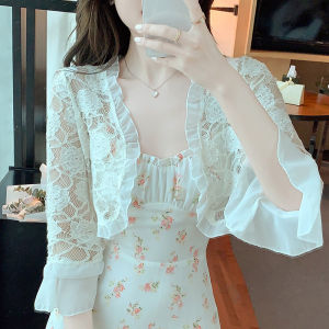 Impression Fashion Korean Plain Chiffon Joint Lace 3/4 Flare Sleeve Short Sun-protective Shawl Cardigan