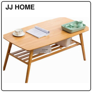 【JJ HOME】Bamboo Wood Coffee Table with Double-Layer Storage Shelf