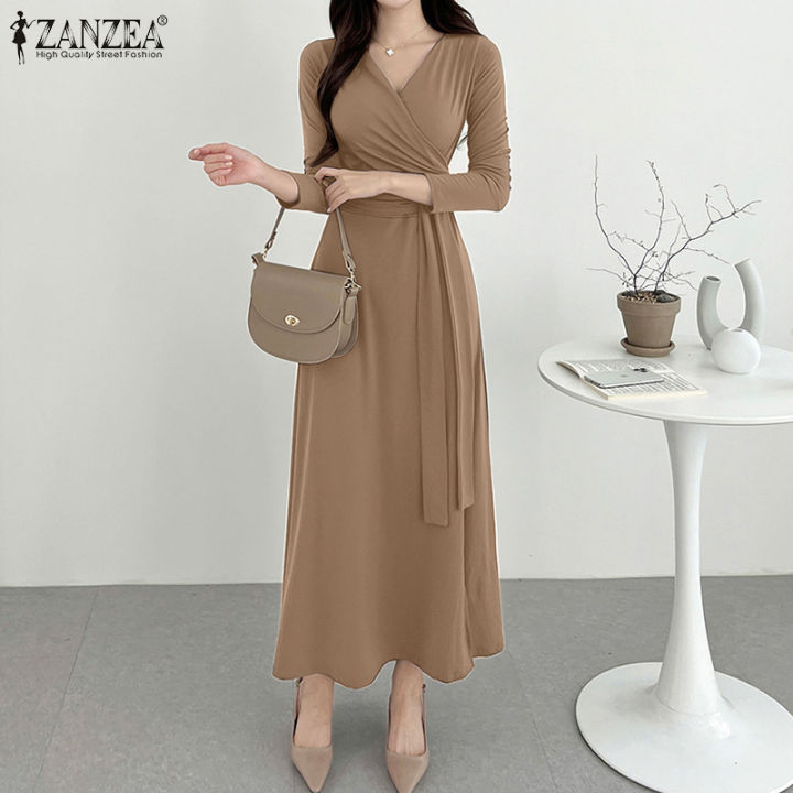 Queean ZANZEA Korean Style Womens V-neck Flare Long Dress Long Sleeve Slit  Sexy Ladies Bodycon Dresses #11 | Lazada