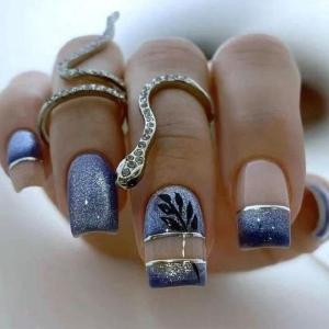 24 Pcs Medium Square False Nail Leaves Press On Nail Blue Acrylic Nail Glittering Full Cover Stick on Nail for Woman