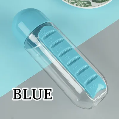 600ml Sport Water Plastic Bottle With 2 in 1 Built in 7 Daily Medicine Pill Box Vitamin Organizer Drinking Tour Hiking
