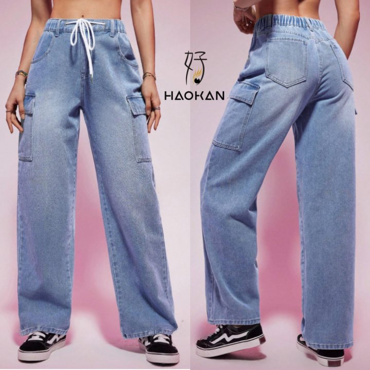 GARTERIZED CARGO PANTS 6 POCKET DENIM LADIES CARGO WIDE LEG PANTS #3001 ...