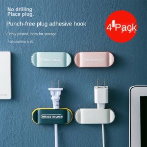 4Pcs Punch Free No Drilling Cable Wire Holder Hooks Plug Organizer Home Office Adhesive Storage Rack Hanger Wall Mounted