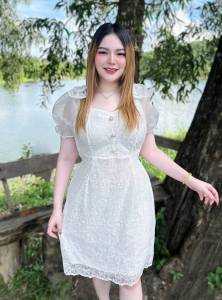 RayRai shop เดรสลูกไม้แต่งโบว์ไหล่แขนแก้ว อก36-46 เอว30-42 สะโพก40-50