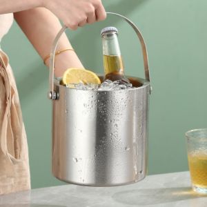 Ice Bucket with Lid Strainer Tong Scoop Double Walled Stainless Steel Insulated Ice Bucket 2/3L Ice Bucket Container