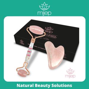 MIJEP Rose Quartz Roller & Gua Sha – SPECIAL EDITION with Heart Shape Guasha (Best Selling Natural Anti Ageing Beauty Tools. Traditional Chinese Medicine massager Jade Roller for Face Original alternative)