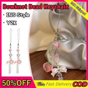 INS Style Pink Peach Keychain Kawaii Y2K Bowknot Bead Cellphone Chain Sweet Charm Pendant