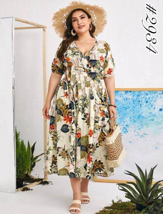 Plus Size Casual Retro Vintage Style High Waist Floral V Neck Midi Dress 2934 Lazada PH