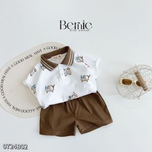 Set bộ polo cổ dệt cho bé trai họa tiết in chữ kèm quần short kaki size 1 đến 7 tuổi BERNIE 0724B02