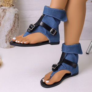 [Free Shipping] Plus-Size WomenS Sandals 2025 Summer New Style-Toe Flat-Soled Back Zipper Roman Fabric With Belt Buckle