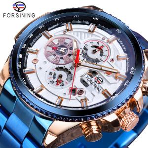 Forsining Rose Golden Case Blue Stainless Steel Mens Business Sport Mechanical Automatic Wrist Watch Three Dialy Multifunction