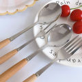 Locaupin Tableware Wooden Handle Stainless Steel Cutlery Spoon Two Prong Fork Knife Chopsticks Teaspoon Dinner Dish. 
