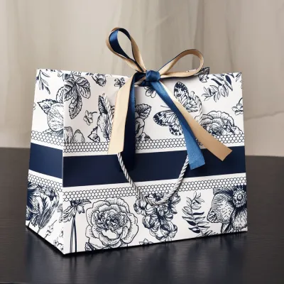 High Quality Marble Printing Style Ribbon Gift Paper Bag Shopping Bag Premium Door Gift Bag Wedding Birthday Goodies Beg