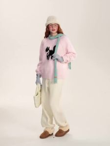 Fluffy Pullovers Women Cat Print Sweet Bow Design Warm Autumn Winter Knitted Sweaters Gentle Ulzzang Aesthetic Jumper Students