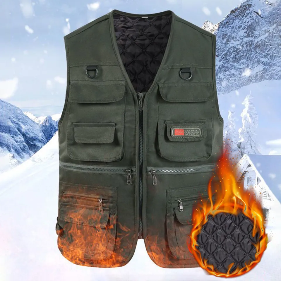 Shemi Winter Fishing Vest Multi Pockets Sleeveless Solid Color Thicken V  Neck Keep Warm Cardigan Plus Size Men Winter Vest for Trip