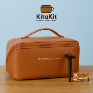KITAKIT High quality smooth leather mens grooming kit for travel office with razor and blade toiletry kit