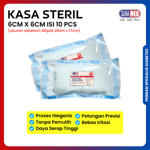 KASA STERIL UKURAN 6CM X 6CM ISI 10PCS/POUCH/ BAHAN KASA SEBELUM DILIPAT 20CM X 17CM