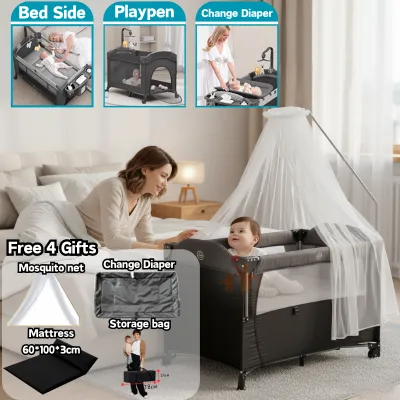 Foldable Baby Crib Bedside 0-3 years old Baby Cot Portable with Changing Station