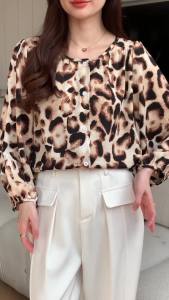 Ammin phong cách Hàn Quốc R Thời Trang in da báo tay áo phồng Áo voan Phụ Nữ Của 2024 Mùa Xuân/Mùa Hè Vòng cổ đơn giản Tay áo dài in hình thú Áo Blouse thanh lịch