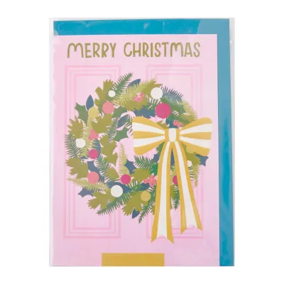 Raspberry Blossom Merry Christmas Colourful Wreath Christmas Card