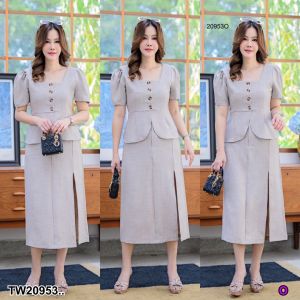TW20953 set #สาวอวบ 2 ชิ้น เสื้อแขนพอง + กระโปรงสอบ ..