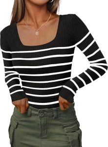 HOTOUCH Sweaters for Women Pullover Square Neck Long Sleeve Slim Fitted Ribbed Knit Basic Fashion Tops 2025 S-XXL