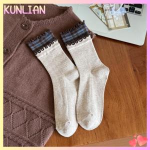 [KUNLIAN] Retro Color Blocking Stripe Socks For Women Winter Warm Middle Tube Socks Korean Girl Soft Thicken Home Sock