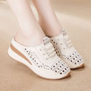 Free Shipping Summer Hollow-Out Breathable Thick-Soled Slip-On Sandals For Women 2026 New Style Casual Backless Platform Sandals For Outdoor Wear Height-Increasing