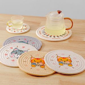 HJKL ป้องกันการลวก แผ่นรองผ้าฝ้ายทอ ฉนวนกันความร้อน กันลื่น ที่รองแก้ว แมวการ์ตูนแมว กลมกลมๆ แผ่นรองหม้อ ตกแต่งโต๊ะ