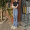 Quần bò jean nữ dáng dài ống loe bass 1 nút lai to 3 phân co giãn nhẹ tôn dáng Women Pants Ong Voi. 