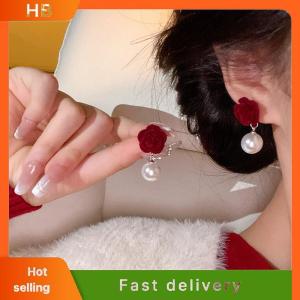 HB Wine Red Pearl Rose Flower Earrings Retro Wedding Ear Studs Chinese New Year Jewelry Earring