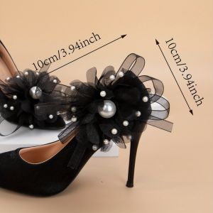 [Free Shipping] 1 piece of new trendy floral-shaped large and small pearl embellished shoe accessory with pleated mesh bow ribbon