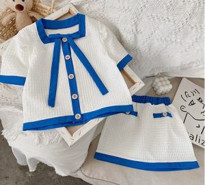 [2-9 years old] Blue Nautical Style Children Kids 2pcs Top & Skirt Girl Set