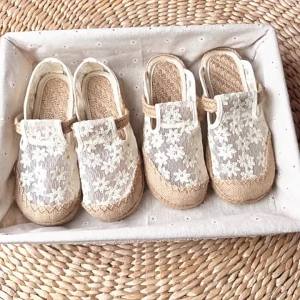 Lace-Trimmed WomenS Summer Breathable Hollow-Out Linen-Soled Slip-On Shoes Shallow And Comfortable