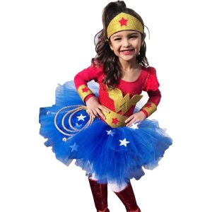 Betterservice New Wonder Woman Costume Kids Dress with headband Wristband Girls Superhero Costume Children Halloween Tutu Dress for Girls Christams party supply