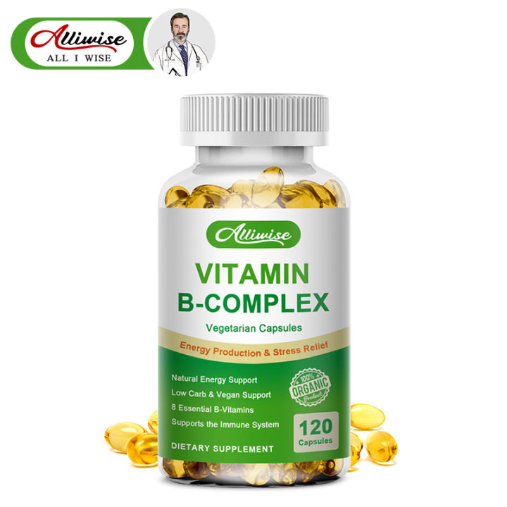 Alliwise Vitamin B Complex Supplement Super B12 B6 B1 B2 B3 B5 B9 Vegan Capsules for Brain