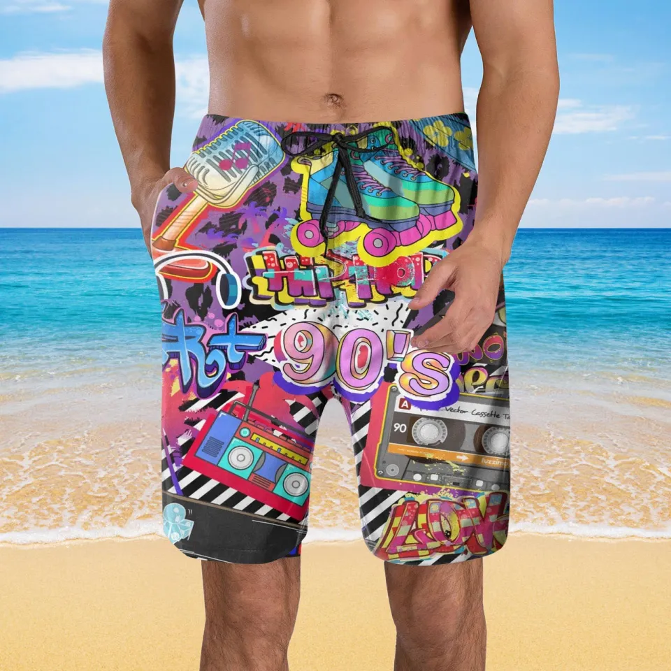 Mens 80s 90s Swim Shorts Retro Fun Novelty Party Shorts Mesh Lined