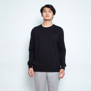 Kaos Polos Pria Rib Lengan Panjang Bahan Katun Combed 30s Hitam Solid