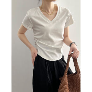 Women Korean Style Blouse V-Neck pleated Plain short sleeved Tee Shirt