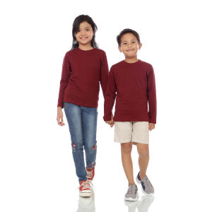 Kaos Polos Anak Oneck Lengan Panjang Bahan Katun Combed 30s Warna Merah Maron