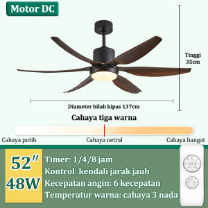 GOGEOUS Lampu Kipas Angin Gantung Plafon Ruang Tamu Modern Kipas Lampu Gantung Hias 2IN1 3 Warna 6 Kecepatan 52/66 Inci Meja Makan Kamar Tidur Balkon Led Bilah Hitam Kipas Kayu Lampu Kipas Angin Dengan Remote