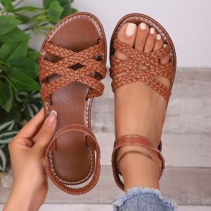 [Free Shipping] Woven Sandals For Women 2025 New Ethnic Style Flat Sandals Colorful Lace Roman Large Size Sandals