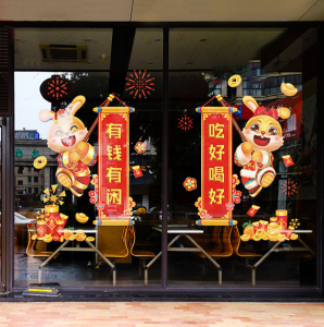 Decal trang trí Tết - Trung Thu - 2 Chú thỏ cầm bảng câu chúc