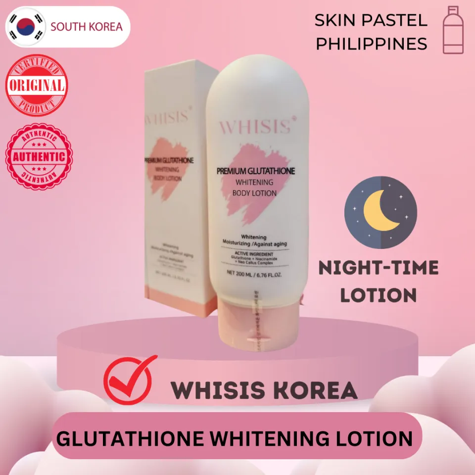 whisis premium glutathione whitening body lotion Korea Whisis Premium Glutathione Whitening Body Lotion for Skin Whitening  Moisturizing and Anti-aging with active ingredients such as Glutathione  Niacinamide and Neo Callus Complex Korean Night-time Whitening Lotion 200ml