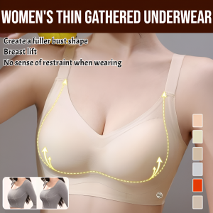 Womens Thin Gathered Underwear Support Top 3D Compression Push-Up Bra Latex Bra Large Size No Underwire Comfortable Breathable Gathered