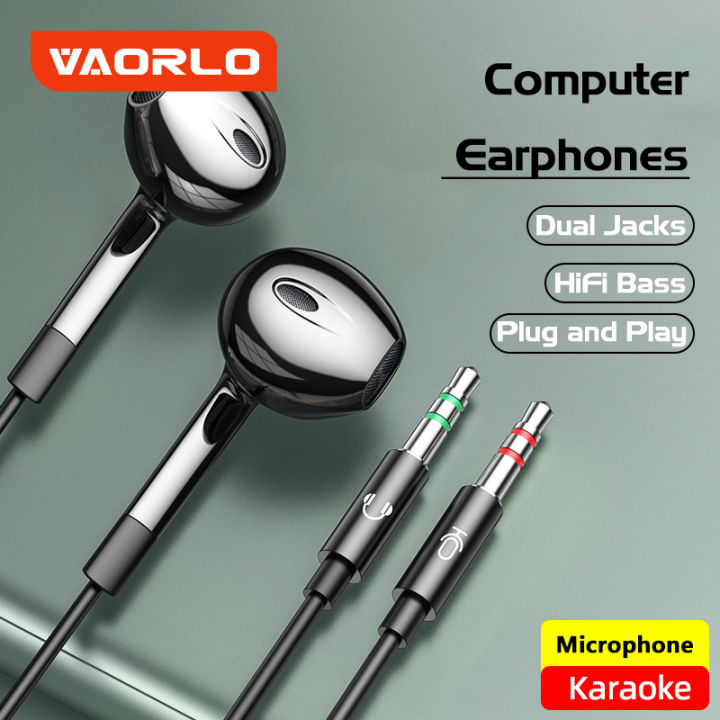 VAORLO 2M Computer Wired Earphones Dual Jack With Microphone Earpiece HiFi  Bass High Compatible Comfortable In-Ear Headset For PC Laptop