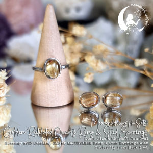 Oval Golden Rutilated Quartz s925 Sterling Silver Adjustable Ring and Stud Earrings Set