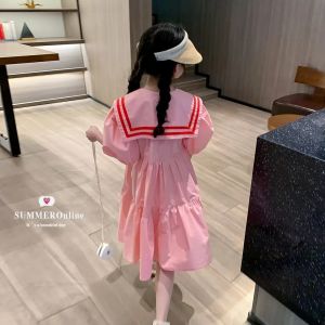 Lsshow summer cotton short sleeve bubble sleeve dress for girls new pink navy collar dress